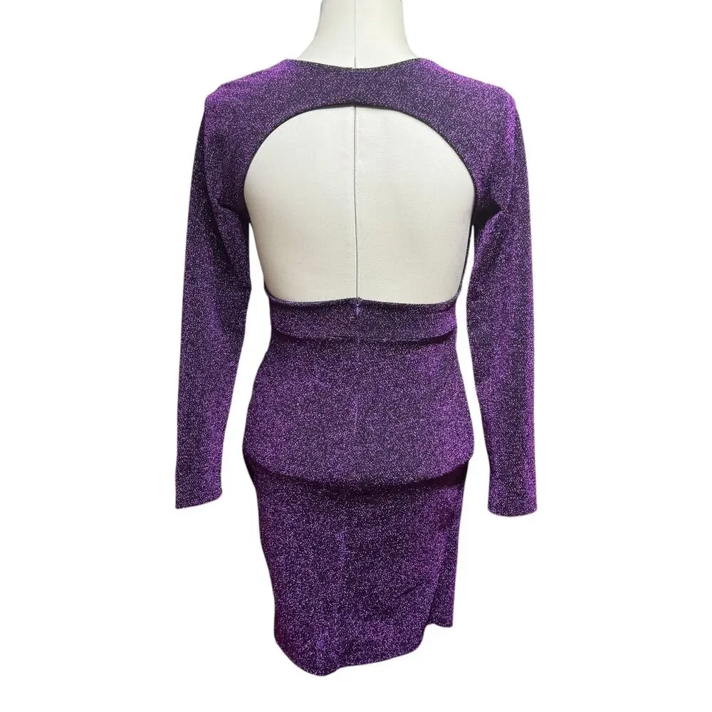Long Sleeve Open Back Mini Dress Black Purple Sparkle Large
